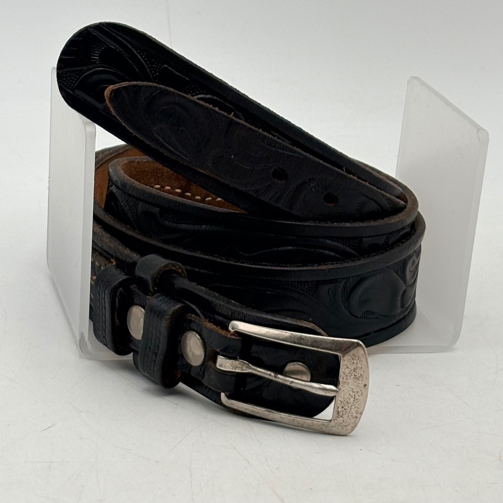 Vintage Loopers Black Floral Tooled Leather Western Belt Silver‎ Buckle Mens 40